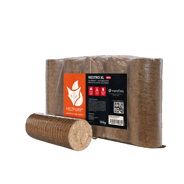Heizfuxx Nestro XL Rot Hartholzbriketts – 960 kg Palette (96 × 10 kg Gebinde) – Hochverdichtete Holzbriketts für Kamin & Ofen